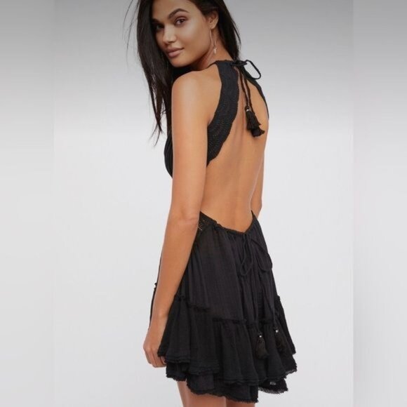 RARE Free People Black Bohemian Crochet Lace Trim Tiered Ruffle Hem Mini Dress - Picture 5 of 15
